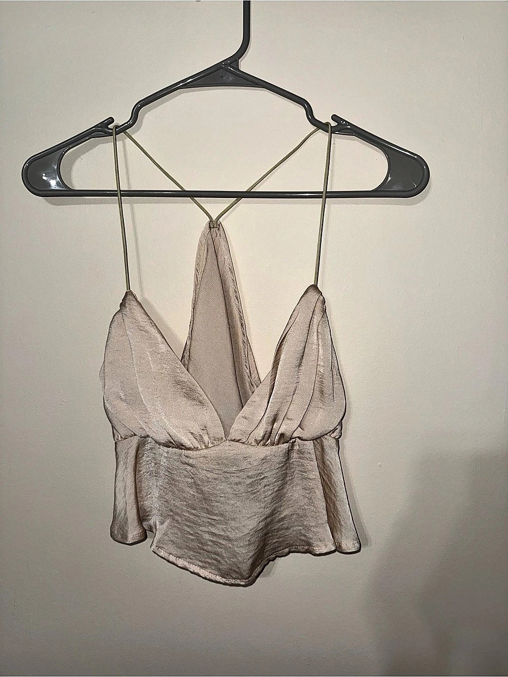 SHEIN Satin Cowl Neck Crisscross Open-Back Crop Top Beige Small